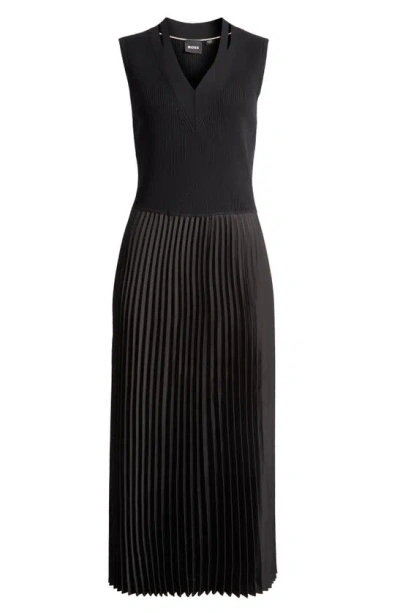 Hugo Boss Etacha Mix Media Sleeveless Pleated Dress In Black