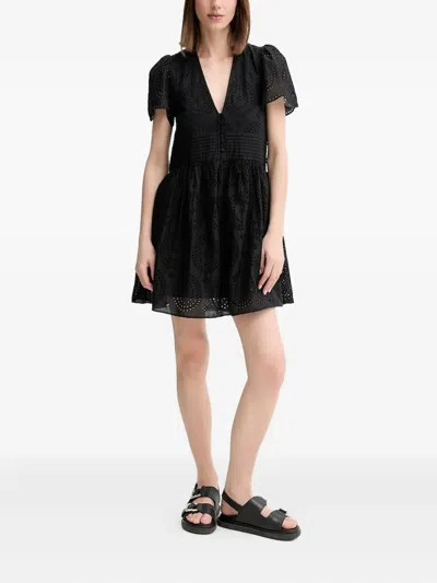 Hugo Boss Eyelet-embroidered Puff-sleeve Mini Dress In Blue