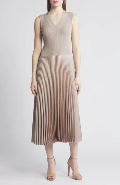 Hugo Boss Boss Farara Mixed Media Pleated Sleeveless Dress In Beige