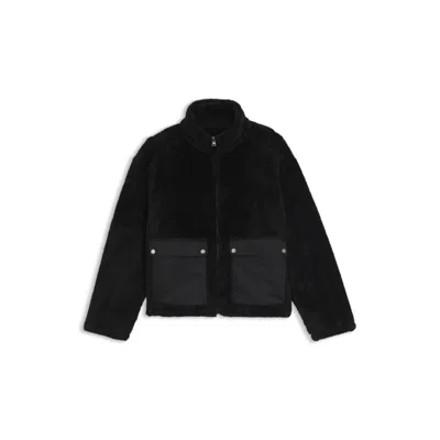 Hugo Boss Faux Fur Coat With Contrasting Patch Pockets In Black