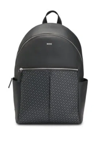 Hugo Boss Faux-leather Backpack With Monogram-print Front Pocket In Black