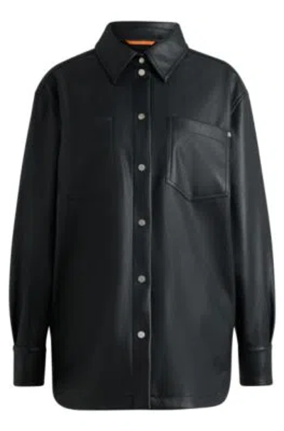 Hugo Boss Faux-leather Overshirt With Patch Pockets In Black