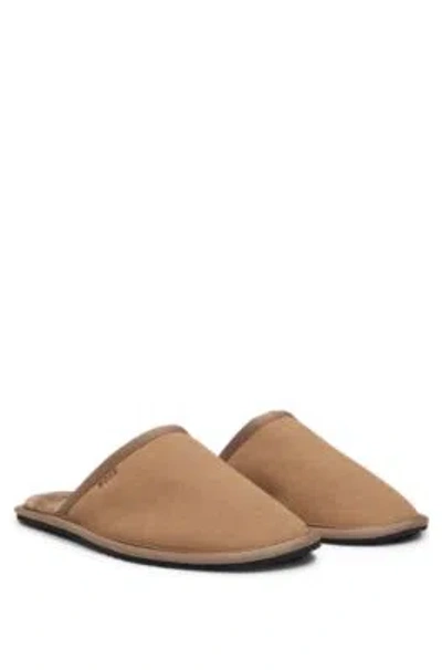 Hugo Boss Faux-suede Slippers With Rubber Sole In Beige