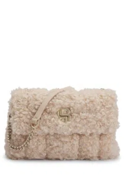 Hugo Boss Faux-teddy Shoulder Bag With Double B Monogram In Light Beige