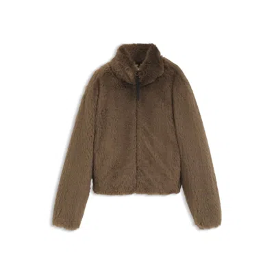 Hugo Boss Faux-fur Jacket With Adjustable Hem In Brown