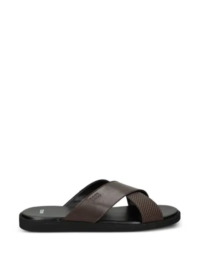 Hugo Boss Faux-leather Slides With Plain And Patterned Straps In Brown
