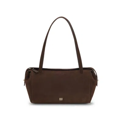 Hugo Boss Faux-suede Handbag With Metallic Stacked Logo In Brown