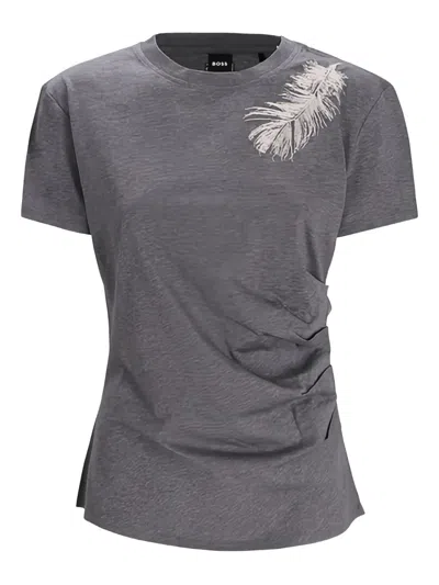 Hugo Boss Feather-print Ruched T-shirt In Gray