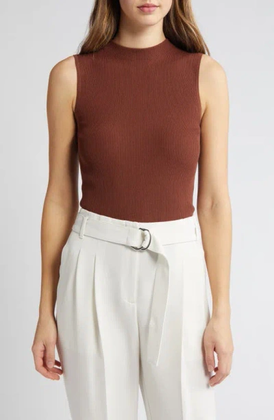 Hugo Boss Sleeveless Mock-neck Top With Ribbed Structure In Dark Clay