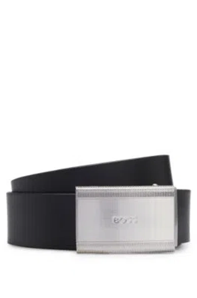 Hugo Boss Fine-grain Leather Belt With Branded Plaque Buckle In Black