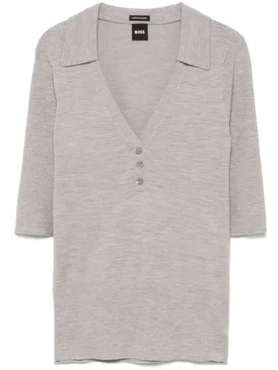 Hugo Boss Fine-knit Polo Top In Grey