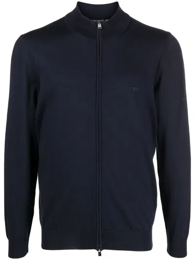 Hugo Boss Full-zip High Collar Cardigan With Ribbed Detailing In Blue