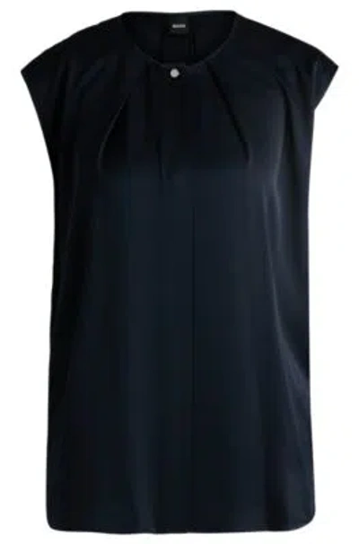 Hugo Boss Fitted Sleeveless Blouse In Stretch Silk With Concealed Placket In Dark Blue