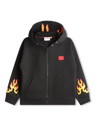 Hugo Boss Kids' Flame-print Zip-up Hoodie In Black