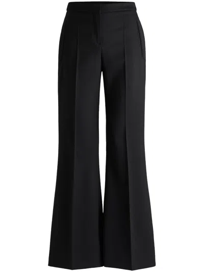 Hugo Boss Regular-fit Flared Trousers In Wool Twill In Black