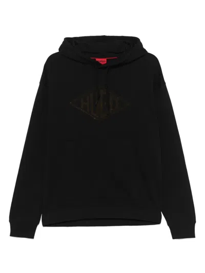 Hugo Boss Flocked-logo Cotton Hoodie In Black