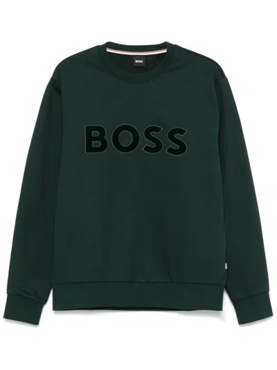 Hugo Boss Soleri Logo Cotton Sweatshirt In Green