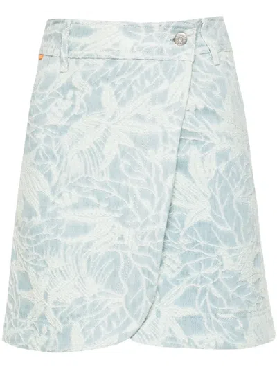 Hugo Boss Floral-jacquard Denim Wrap Skirt In Blue