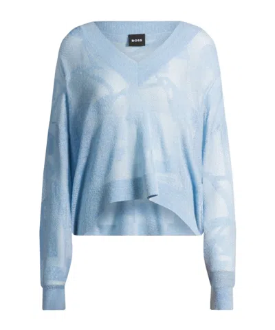 Hugo Boss Floral Knitted Jacquard V-neck Sweater In Light/pastel Blue