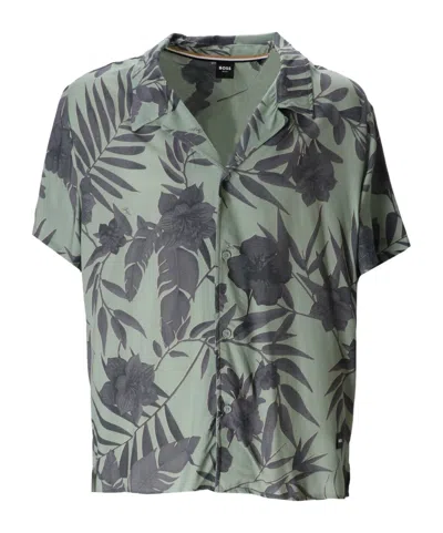 Hugo Boss Floral-print Beach Shirt In Gray