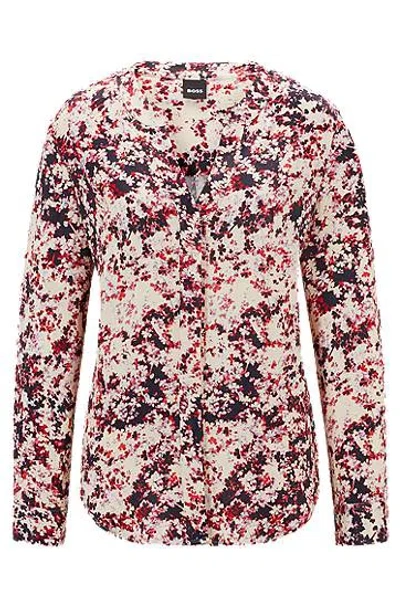 Hugo Boss Floral-print Blouse In Satin With Notch Neckline In Nude