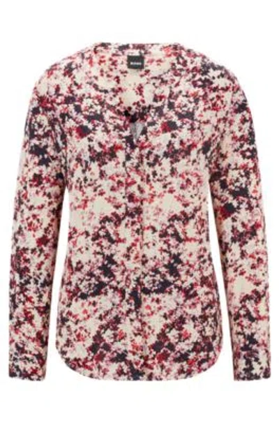 Hugo Boss Floral-print Blouse In Satin With Notch Neckline In Patterned