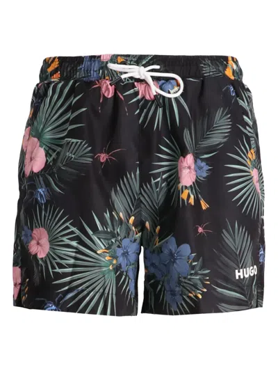 Hugo Boss Floral-print Swim Shorts In Black