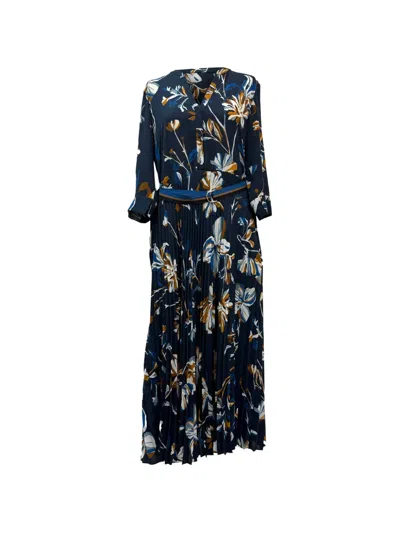 Pre-owned Hugo Boss Floral-print Belted Dress In Blue