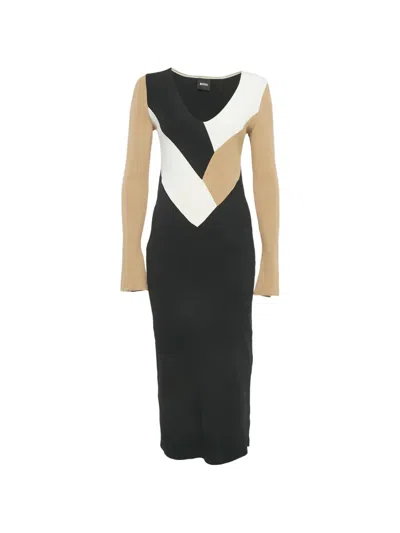 Pre-owned Hugo Boss Florency Rib-knit Long-sleeve Maxi Dress In Black