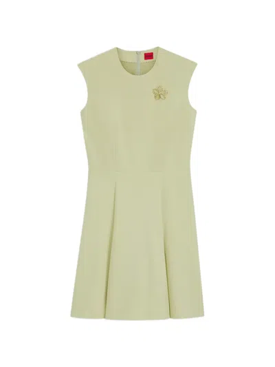 Hugo Boss Flower-brooch Pleated Dress In Green