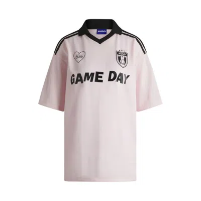 Hugo Boss Football-inspired Mesh T-shirt With Happy Hugo Logo In Pink