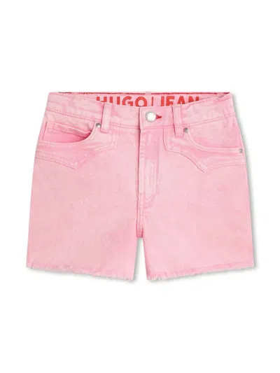 Hugo Boss Kids' Frayed-hem Denim Shorts In Pink