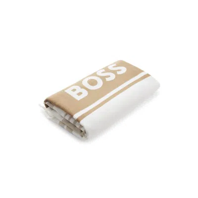 Hugo Boss Fringed Logo Beach Towel In Cotton Jacquard In Beige