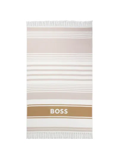 Hugo Boss Fringed Logo Beach Towel In Cotton Jacquard In Multi