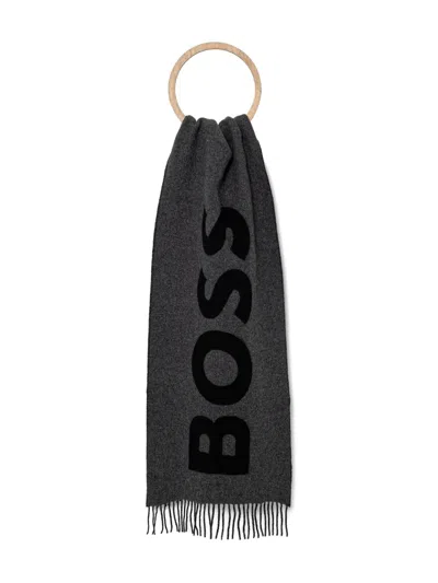 Hugo Boss Fringed Logo-detail Scarf In Gray
