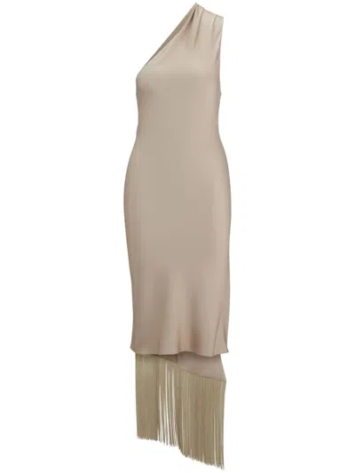 Hugo Boss Fringed One-shoulder Midi Dress In Neutrals