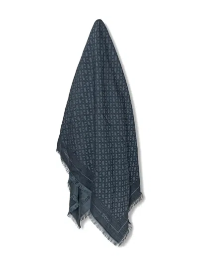 Hugo Boss Fringed Patterned Scarf In Blue