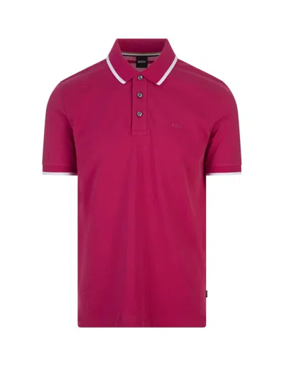 Hugo Boss Fuchsia Slim Fit Polo Shirt With Striped Collar In Red