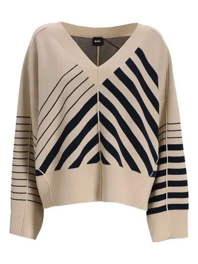 Hugo Boss Fudali Striped V-neck Sweater In Neutral