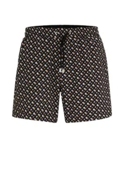 Hugo Boss Fully Lined Quick-dry Swim Shorts With Monogram Print In Black