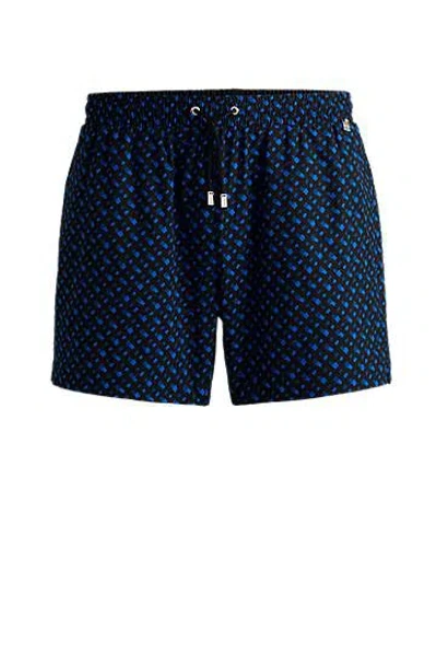 Hugo Boss Fully Lined Quick-dry Swim Shorts With Monogram Print In Blue