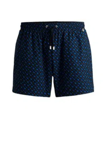Hugo Boss Fully Lined Quick-dry Swim Shorts With Monogram Print In Blue