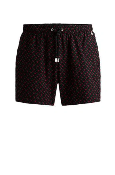 Hugo Boss Fully Lined Quick-dry Swim Shorts With Monogram Print In Brown