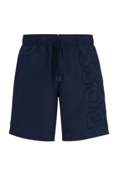 Hugo Boss Fully Lined Swim Shorts With 3d Logo Embroidery In Dark Blue