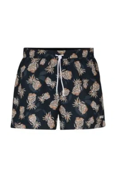 Hugo Boss Fully Lined Swim Shorts With Pineapple Motif In Black