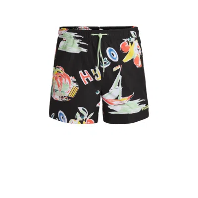 Hugo Boss Fully Lined Swim Shorts With Seasonal Print In Black