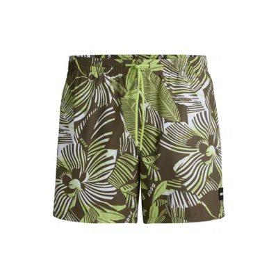 Hugo Boss Fully Lined Swim Shorts With Seasonal Print In Green