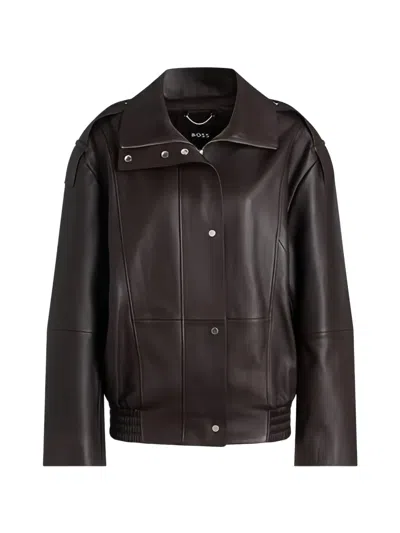 Hugo Boss Funnel-neck Leather Jacket In Brown