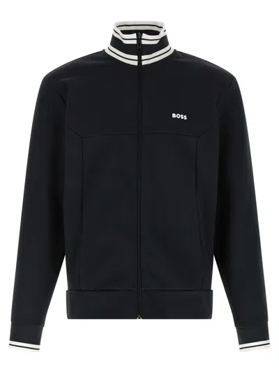 Hugo Boss Stripe-detail Zip-up Sweatshirt In A Cotton Blend In Black