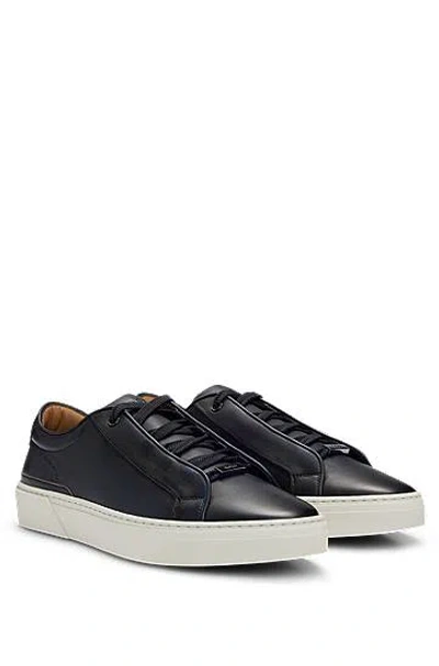 Hugo Boss Gary Burnished-leather Trainers With Hidden Laces In Blue